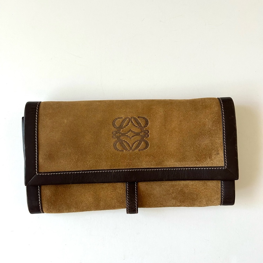 Loewe Suede Fold-Over Clutch in Tan and Dark Brown
